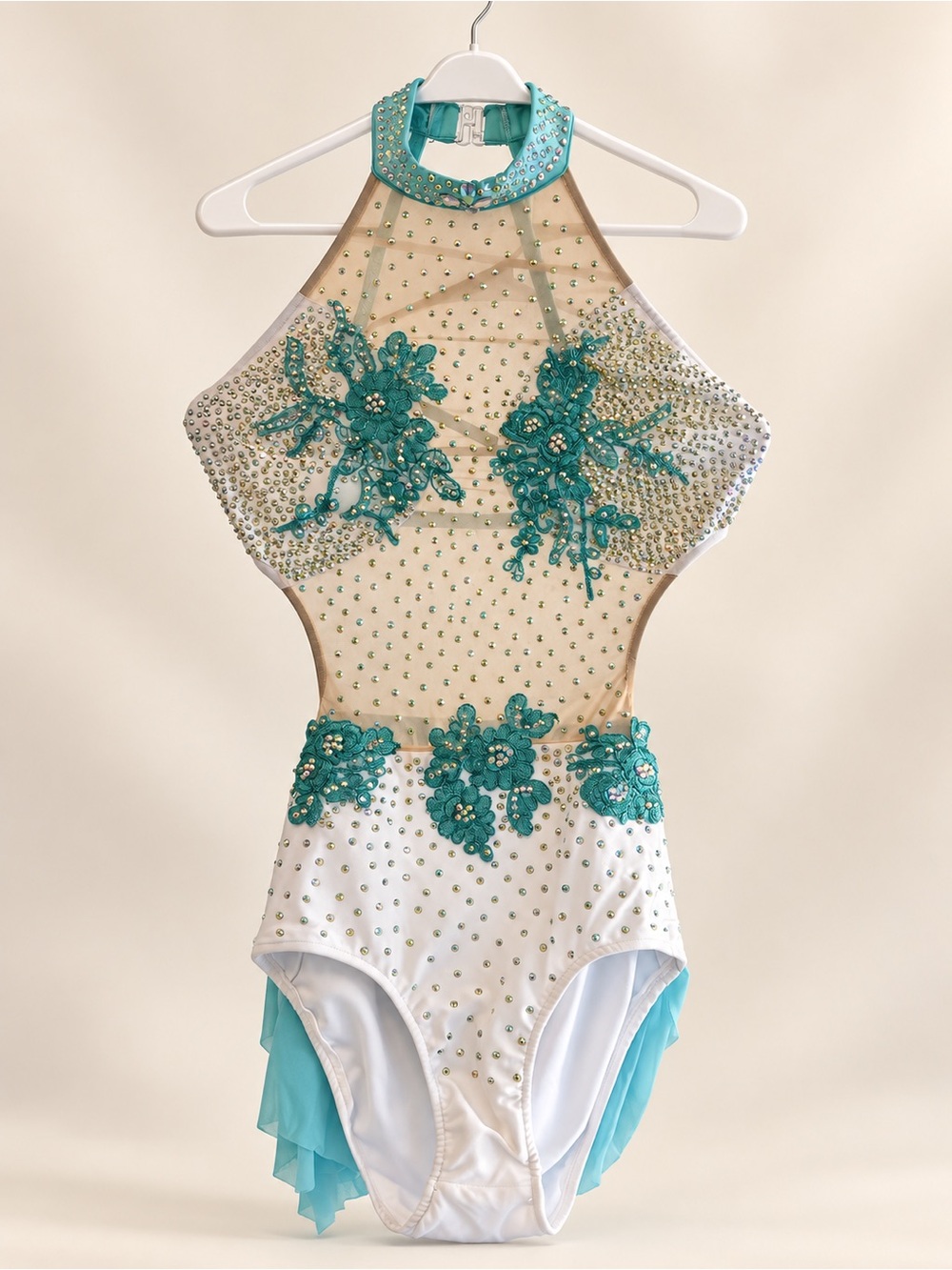 Turquoise and White Floral Embellished Kids Dance Costume
